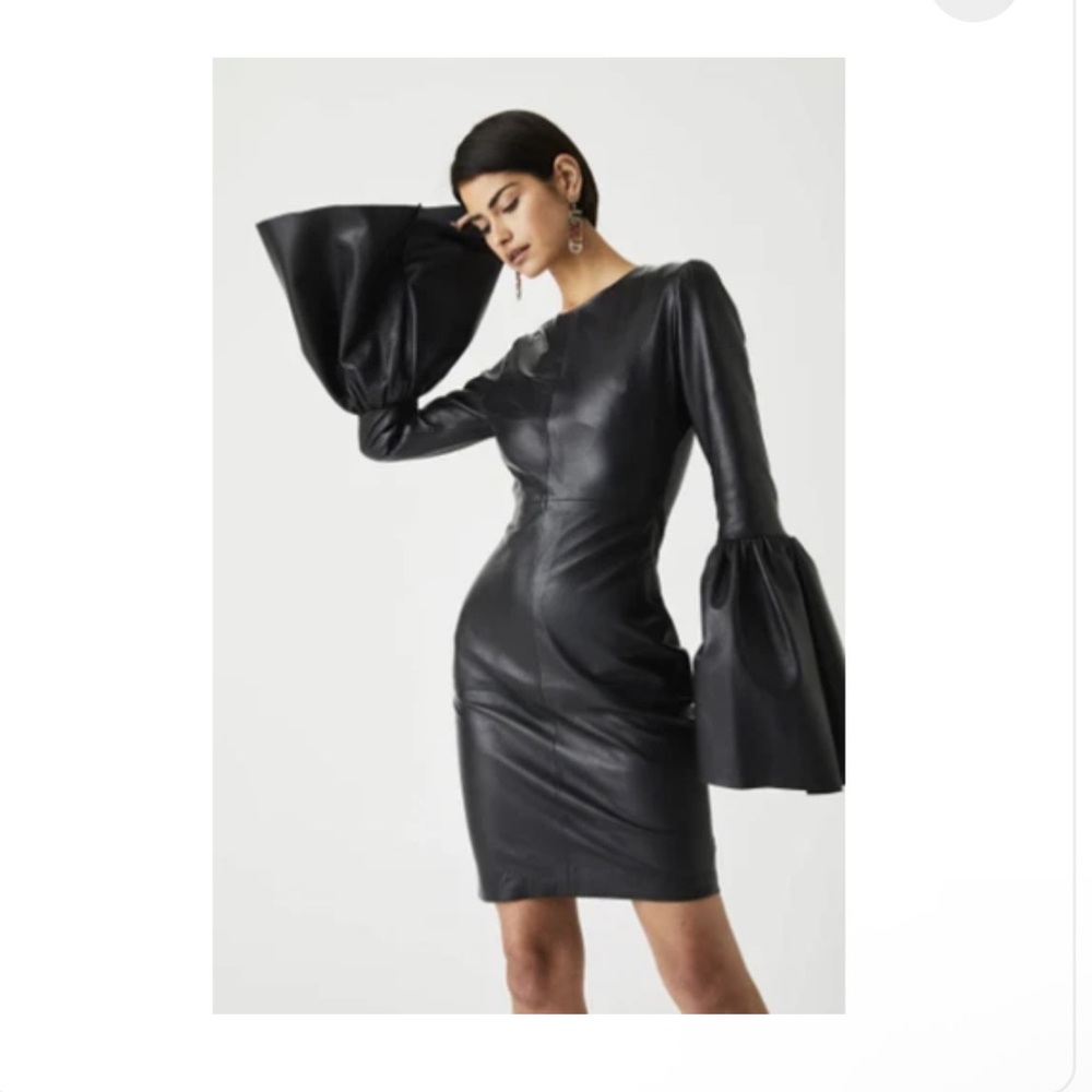 NWT Atoir Solace Genuine Leather Black Starement Long Sleeve Dress. Size US 2